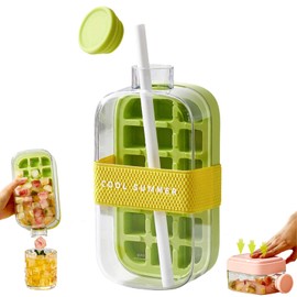 Ice Cube Bottle-2025 NEW 2 in 1 Ice Cube Tray&water Bottle Ice Cube Tray w Lid And Bin,Flexible Silicone Ice Molds for Coffee,Beers,Juice And Beverages