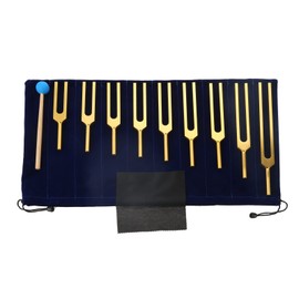 Dreld 9 Pieces Solfeggio Tuning Fork Set Chakra Tuning Fork with Silicone Hammer Bag 174Hz, 285Hz, 396Hz, 417Hz, 528Hz, 639Hz, 741Hz, 852Hz, 963Hz, for DNA Repair Healing Sound Therapy (Golden)