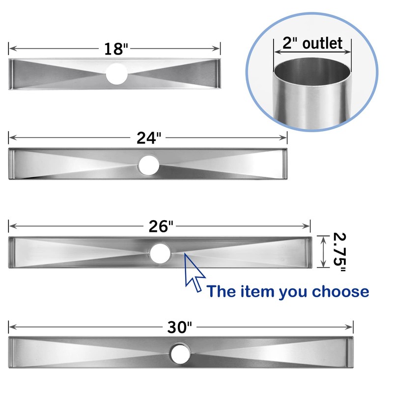Bernkot Linear Shower Drain 26", 304 Stainless Steel Floor Drain