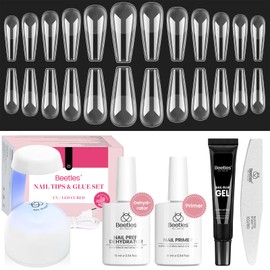 Beetles Gel Nail Kit Long Coffin with Nail Dehydrator and Primer, 576Pcs Half Matte Etch-X Gel Nail Tips Solid Nail Glue Mini Nail Lamp Acrylic Nail Tips Easy DIY Nail Extension Set Gift for Women