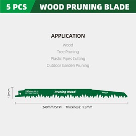 RRRST 5-Piece Reciprocating Saw Blades Wood, 240 mm 5TPI Reciprocating Saw Blades for Cutting Firewood, Wet Wood, Raw Wood, Softwood, Greenwood, for Cutting Roots, Simple and Durable