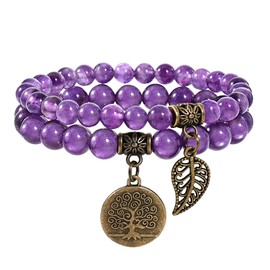 Farfume Chakra Bracelets for Women - Crystals Bracelet Women Natural Gemstones Yoga Reiki Bangle- A Set of Double Bracelets（Purple Amethyst & LifeTree（Small）