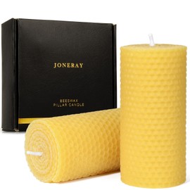 JONERAY Beeswax Pillar Candles Set of 2, Hand-Rolled Honeycomb Candles- Unscented, 2"x4" Pure Natural Handmade Beeswax Candles for Church, Wedding
