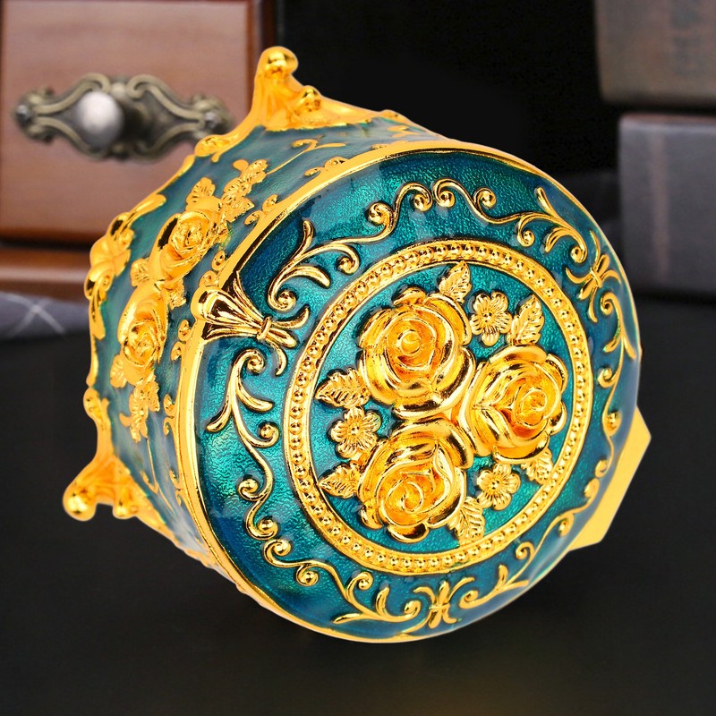 Retro Round Trinket Storage Organizer with Rose Pattern Round Metal