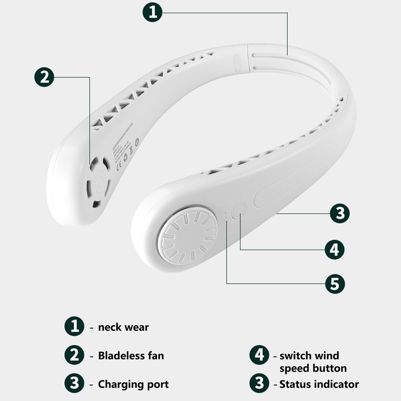 White Adjustable Hanging Neck Electric Fan Bladeless Portable USB Charging