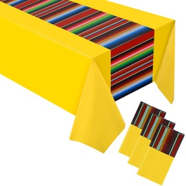 Oudain 3 Pcs Fiesta Tablecloth 108 x 54 Inch Plastic Tablecover Waterproof Mexican Tablecloth Mexican Striped Table Cover for Taco Night Festive Fiesta Wedding (Yellow)