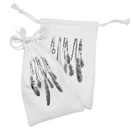 Lunarable Tribal Fabric Pouch Set of 2, Historical Style Feathers Pattern Indigenous Culture Themed Print, Small Drawstring Bag for Toiletries Masks and Favors, 9" x 6", Black White