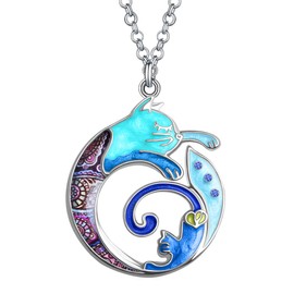 Enamel Alloy Mothers Day Cat Necklace Rhinestones Pendant Mom Gifts for Women Girls Fashion Jewelry Charms (Blue)
