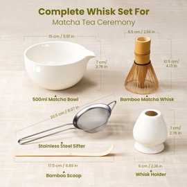 Matcha Whisk Set, Handcrafted Bamboo Chasen & Ceramic Bowl Matcha Kit, Complete 5 Pcs Matcha Set Whisk and Bowl W/Stainless Steel Sifter, Bamboo Scoop & Holder for Matcha Tea Ceremony (White)