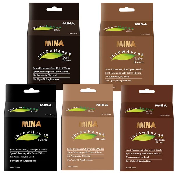 Mina ibrow Henna Regular Pack & Colouring Tint Kit (Light Brown, Medium Brown, Dark Brown, Black, Blonde)