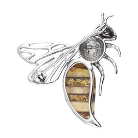 Bee Oxidised Sterling Silver Brooch Pin/Clip with Abdomen of Cognac Orange & Milky Cream Amber in Vintage Style for Women Teenager Girls - 925 Sterling Silver