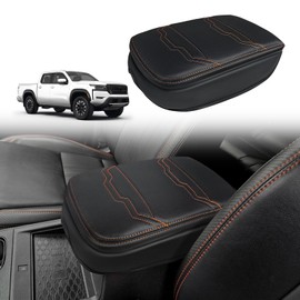 Muslogy for Frontier Center Console Pad Armrest Box Cover Vegan Leather Soft Accessories Armrest Lid Protector Compatible with Nissan Frontier 2022-2025 2026(Extra Thick, V2 Orange Stitching)