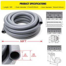 DWALE Liquid-Tight Conduit and Connector Kit,Flexible Non Metallic Liquid Tight Electrical Conduit,1/2inch 50ft Electrical Conduit Kit,with 5 Straight and 3 Angle Fittings Included,1/2 in. Dia