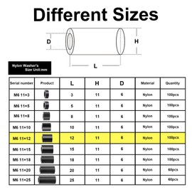 KINETOX Pack of 100 Spacer Sleeves M6 ABS Spacers Plastic (Black) Rubber Spacer Sleeves Plastic Insulation Spacers for M6 Screws 11 x 12 mm for Circuit Boards Electrically Insulating