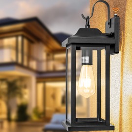 Roravilila Dusk to Dawn Large Outdoor Wall Light 17 Inch, Exterior Light Fixture Porch Light with Tempered Clear Glass, IP65 Waterproof Anti-Rust Outside Wall Sconce Matte Black Wall Lantern, 1-Pack