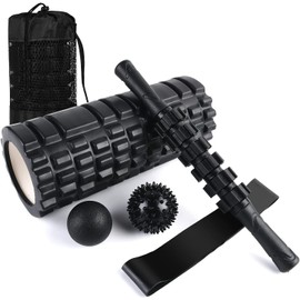 6 in 1 Foam Roller Set Includes Hollow Core Massage Roller, Yoga Stick, Massage Ball, Fitness Stretching Strap, Carrying Bag, Towel, Massage Roller (Black)