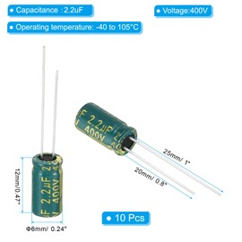 PATIKIL 400V 2.2uF Electrolytic Capacitors, 10Pcs 6x12mm Aluminum High Frequency Electrolytic Capacitors for TV, LCD Monitor, Refrigerator, Circuit Boards, Green