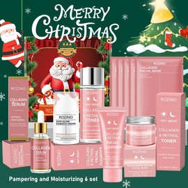 ROZINO Christmas Themed Skincare Gift Pack Includes Cleansing Mousse Wash Care Oral Spray Soap Hair Mask and Toothpaste for Everyday Use Festive Trio of Skincare Items:_6Piece Gift Set-[Collagen set]