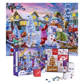 Tektalk Advent Calendar 2024 Christmas Jigsaw Puzzle, 1008 Pieces Puzzles, 24 Boxes Puzzles for Adults and Kids, Home Decoration, Christmas Puzzles Gift (Snowman Stacking)