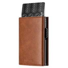 VULKIT VULKIT Card Holder Wallet with Coin Pocket Magnetic Closure Pop Up Cards With ID Window Leather Wallet for Cash & Credit Cards, Brown