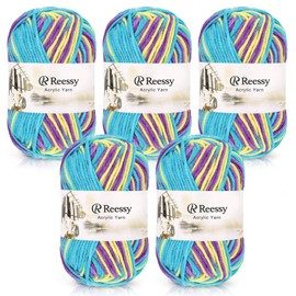Reessy 225g Knitting Wool Acrylic Yarn Crochet Yarn Set, Super Soft 5 Ply Wool for Crochet Knitting and Crafts, 5 x 45g Crochet Yarn for Amigurumi Projects Handcrafts-Purple Yellow Blue