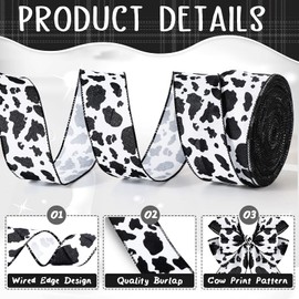 Berlune 50 Yards 2.5 Inch Cow Print Ribbons Wide Cow Ribbon White Black Craft Ribbons Long Wrapping Paper Gift Cow Party Favor Wired Edge Fabric Ribbon for Xmas Tree Wreath DIY Wreath Craft