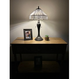 enjoy decor lamps Tiffany Table Lamp White Hexagon Stained Glass LED Bulbs Included Pull Chain Switch for Living Room Bedroom Bedside 12" W*12" D*22" H