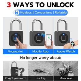 eLinkSmart Fingerprint Gym Locker Lock, Keyless Biometric Padlock, Weatherproof Electronic Digital Smart Combo Pad Lock for Outdoor Fence Gate Storage Fridge Helmet Ski Pool Shed (Black, with Cable)