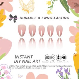 French Tip Short Press on Nails Almond MABKJLF French Tip Fake Nails False Nails with Glitter Designs Nude Pink Glossy Glue on Nails Stick on Nails for Women Girls 30Pcs