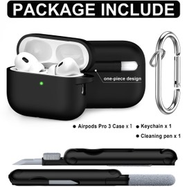 RFUNGUANGO Compatible AirPods Pro 3 Protective Case, Soft Silicone Material, Drop and Scratch Resistant, Includes Cleaning Tool, Suitable for AirPods Pro 3rd Generation, Black