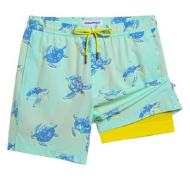 MaaMgic Mens Swim Trunks with Compression Liner 2 in 1 Swimming Shorts Stretch 7" Swimwear Quick Dry Bathing Suits,Sea Turtles,Medium