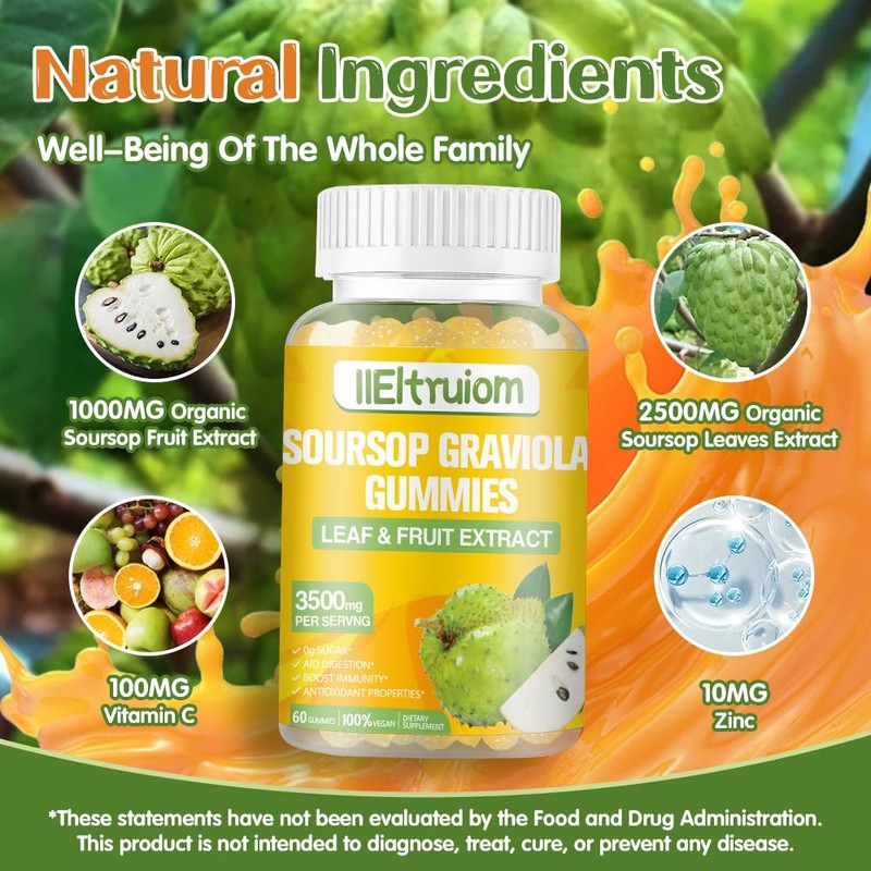 Soursop Gummies for Adults with Vitamin C, 2500mg Organic Soursop