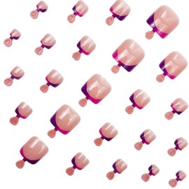 French Press on Toenails Short Square Fake Toenails Summer Toe Press on Nails Pink Purple French Tip Acrylic Full Cover Glue on Nails Seamless Fit Stick on Nails for Women False Toe Nails Kit 24PCS