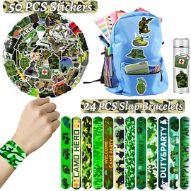 QZYCMHOO 74PCS Military Affairs Theme Party Favor 50PCS Army Party Stickers&24PCS Slap Bracelets Military Affairs Birthday Supplies Team Gift Filler