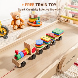 COSYLAND Pikler Triangle Set 8 in 1 - Adjustable 3-Level Montessori Climbing Toys for Toddlers 18M-6Y, Foldable Wooden Indoor Jungle Gym & Playground with Train Toy & Gift Box, Warm Tones