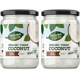 Heaven & Earth Organic Unrefined Virgin Coconut Oil, (2 Pack) 16oz | Glass Jar | Cold Pressed | Coconut Oil for Cooking, Hair & Skin | Kosher
