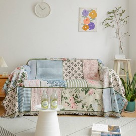 ROOMLIFE Farmhouse Style Couch Cover Reversible Cute Patchwork Sofa Covers Sectional Couch Covers for 2-3 Cushion Couch Furniture Protector Sofa Chair Loveseat Futon Slipcovers 71"x118"