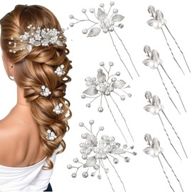 Yeomju Pack of 6 Bridal Hair Pins Silver Leaves Crystal Beads Vintage Headpiece Wedding Hair Accessories Jewellery with Rhinestones for Brides Bridesmaids Flower Girl (4 Styles)