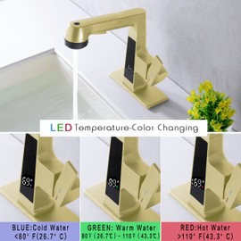 Qeemee LED Bathroom Faucet with Pull Out Sprayer, Grey Temperature Digital Display Sink Faucet 5 Water Flow Modes, Single Handle RV Bath Vanity Faucets for 1 or 3 Hole