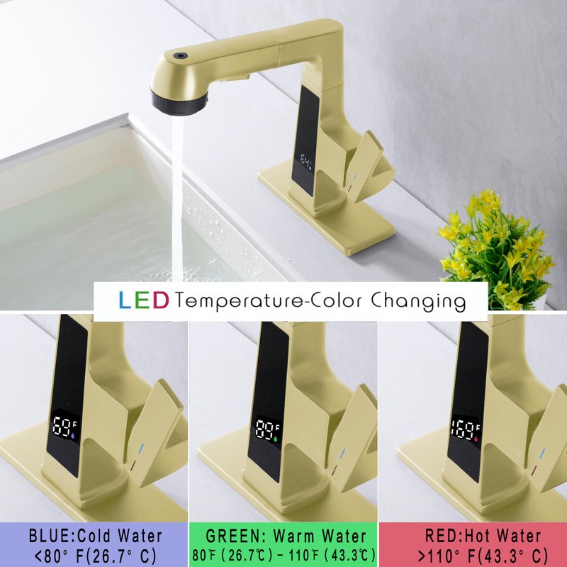 Qeemee LED Bathroom Faucet with Pull Out Sprayer, Grey Temperature