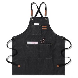 Chef Apron for Men Women with Pockets, Cross Back Apron for Kitchen Cooking Baking Artist Painting, Cotton Canvas Work Aprons for Shop, Garden, Restaurant, Bartender, Barista, M to XXL