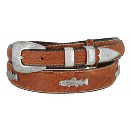 Silver Engraved Fish Conchos Genuine Leather Western Ranger Belt (Tan,40)