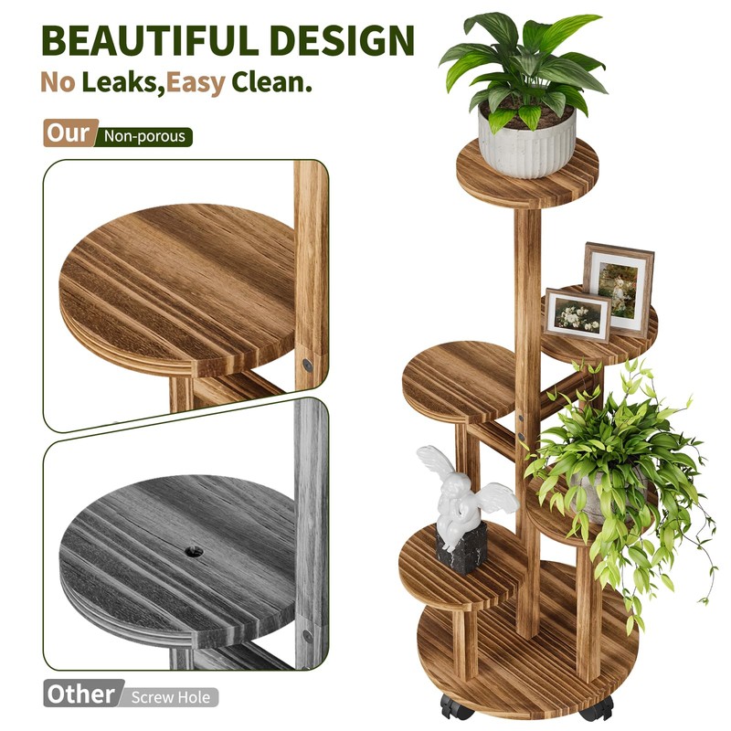 Uneedem 5 Tier Plant Stand Indoor with Wheels, Wood Tall