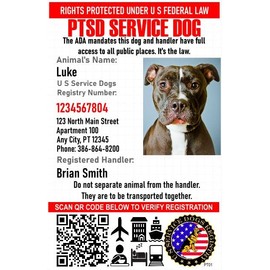 Just 4 Paws Custom PTSD Service Dog ID Card with QR Code & Security Seal and Optional Holograph | Registration to U S Service Dogs Registry Plus ID Holder & Digital ID - Portrait Style