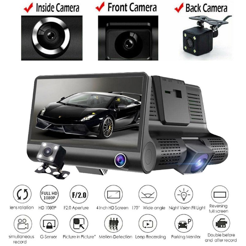 Car HD Dash Cam, Baceyong 4'' Rearview Reversing Vedio Camera