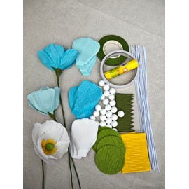 DIY Blue Crepe Paper Poppy Bouquet Making Kit - Complete Craft Materials for Floral Art Paper Flowers for Home Decoration 24 pcs
