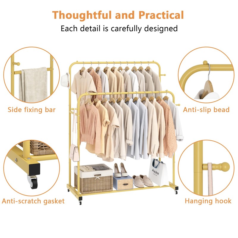 Laiensia Double Rods Garment Rack with Wheels, Clothing Rack for