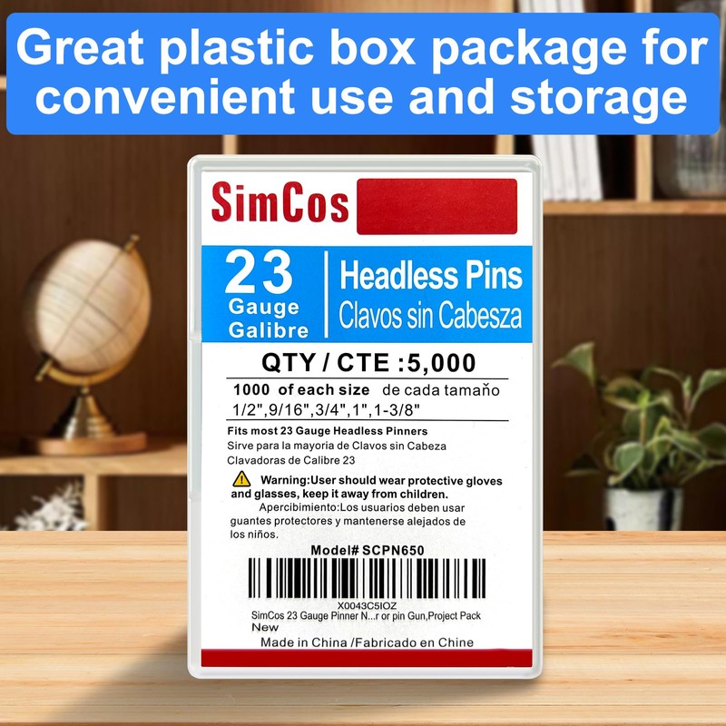 SimCos 23 Gauge Pinner Nails (1/2",9/16",3/4",1",1-3/8") 5000 pcs Assorted 5