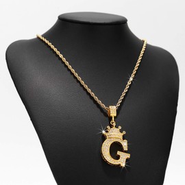 UALGL A-Z Letters Necklace Crown Necklace for Men Women 18K Gold Plated Letters Pendants with 23'' Chain Hip Hop Alphabet Name Jewelry Mom Gifts (Yellow G)