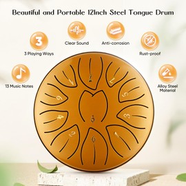Tongue Drum, Sunowl 6 Inch 11 Tones Steel Tongue Drum Set, Steel Tongue Drum for Beginners, Children, Adults, Handpan Steel Drum with Drum Bag for Meditation, Sound Healing (Gold)